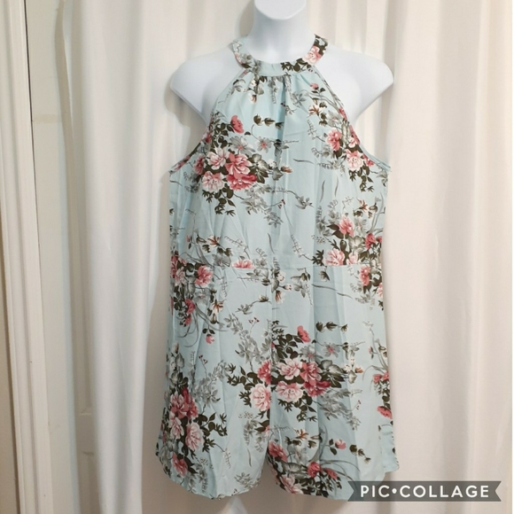 Shein Curve Aqua Rose Print Halter Neck Belted Romper